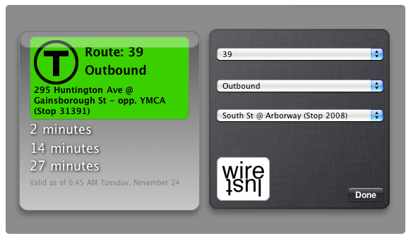 screenshot of MBTA Bus Tracker Widget